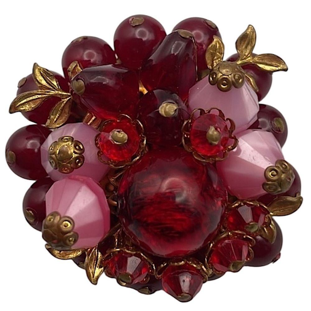 GERMANY Stamped Ruby Red Moonglow Pink Resin Beaded Vintage Round Brooch